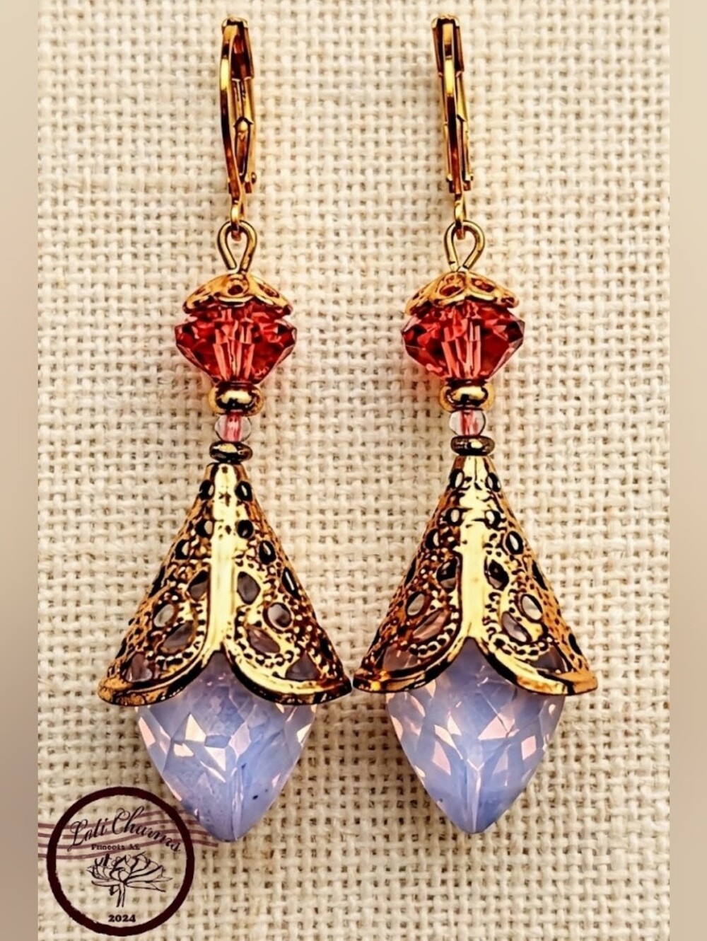 Victorian Pink Opal / Rosewater Opal In 18k Gold Plated Filligree Earrings